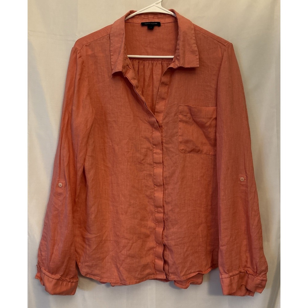 Tommy Hilfiger Coral Pink Roll Tab L Sleeve 100% Linen Hidden button Up Blouse L